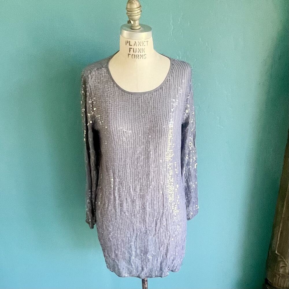 Haute Hippie 100% Silk Sequin Shift Mini Dress Size Medium Purple/Grey Boho Glam - Picture 2 of 10